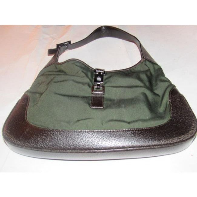 Gucci   Olive Green Canvas And Brown Leather Hobo Bag
