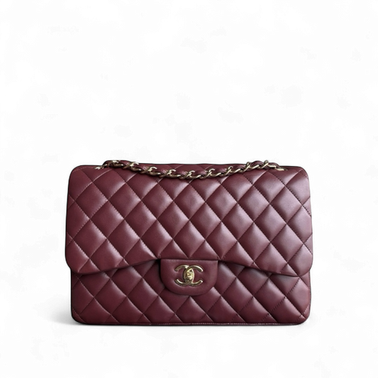 Chanel Classic Flap Jumbo - Double Flap 30CM Quilted Lambskin Burgundy Dark Red Gold Hardware Series 21