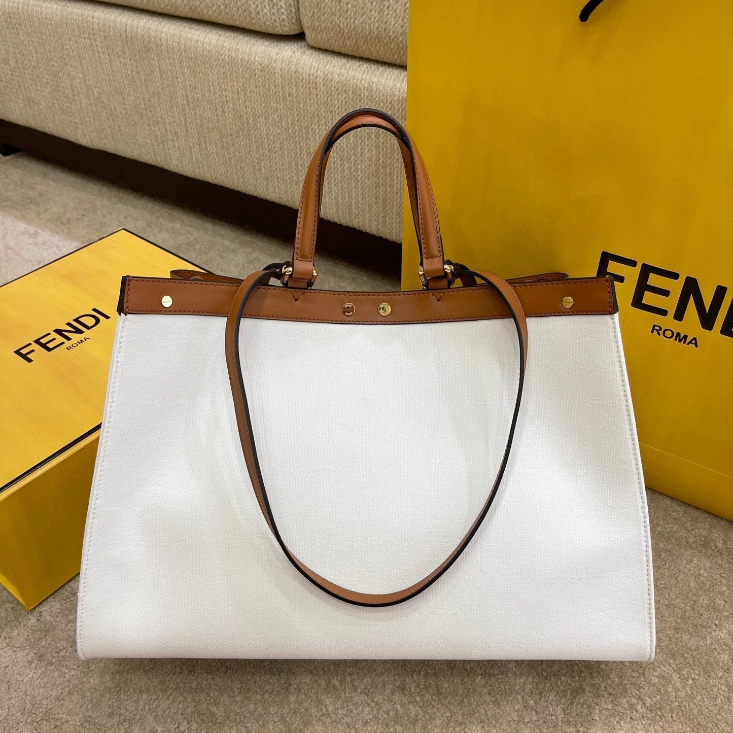 Top QualityTop Quality Peekaboo X-tote Bag White Canvas For Women, Women’s Handbags, Shoulder Bags 16.1in/41cm FF 8BH374