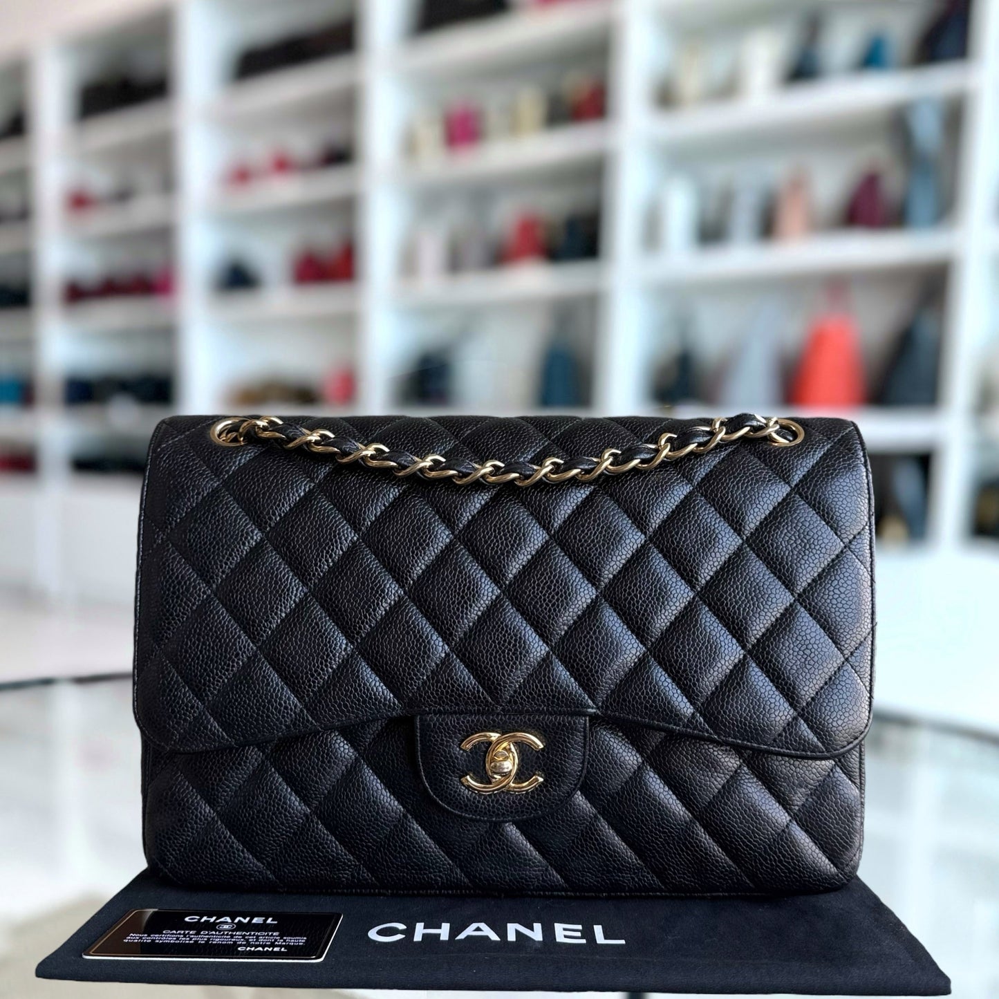 Chanel Classic Flap Jumbo - Caviar Double Flap 30CM Quilted Black Gold Hardware Series 15