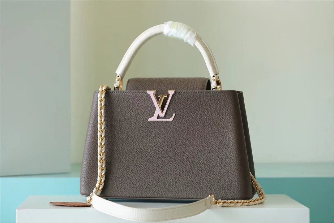 Top Quality Capucines MM Taurillon Smokey Brown Green/ Creme/ Pink For Women,  Shoulder And Crossbody Bags 31.5cm/12.4in Top Quality M59516