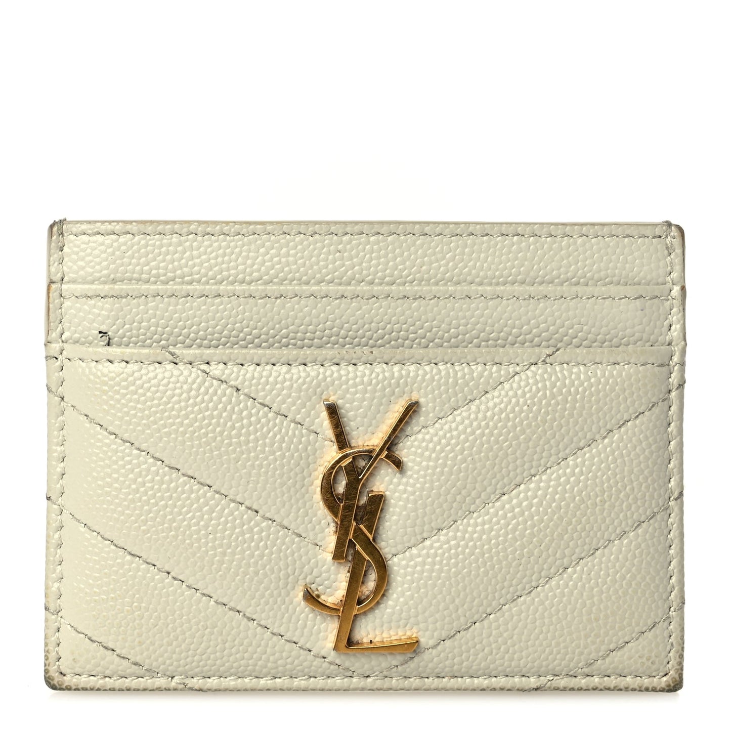 Saint Laurent Grain De Poudre Matelasse Chevron Monogram Credit Card Case Crema Soft