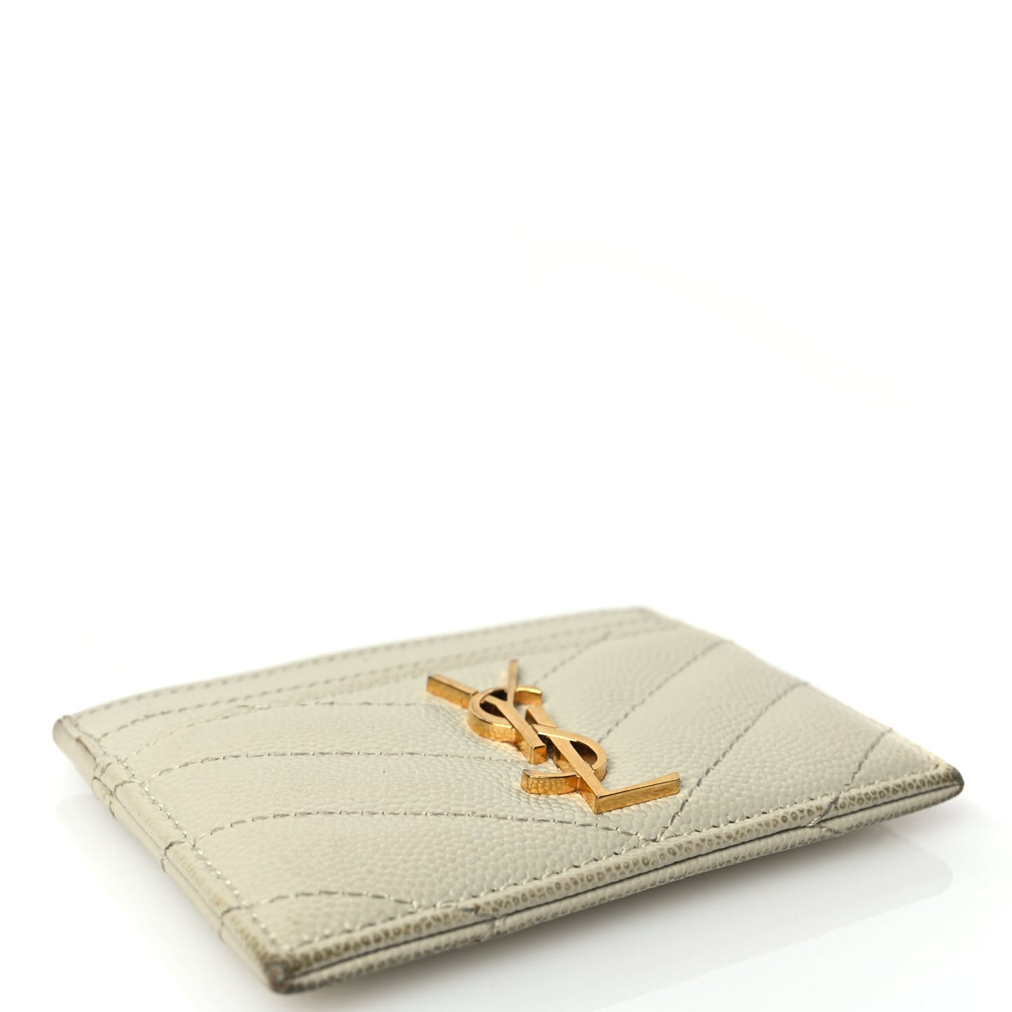 Saint Laurent Grain De Poudre Matelasse Chevron Monogram Credit Card Case Crema Soft