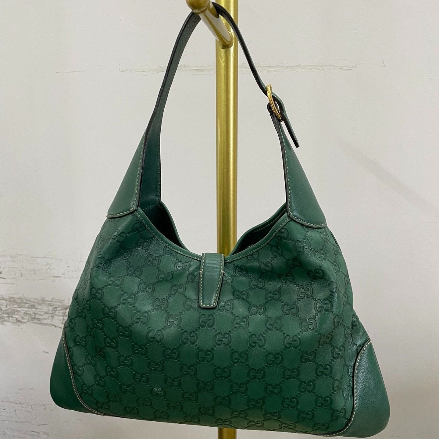Gucci Jackie   Leather Medium Handbag Green Gucci Monogram