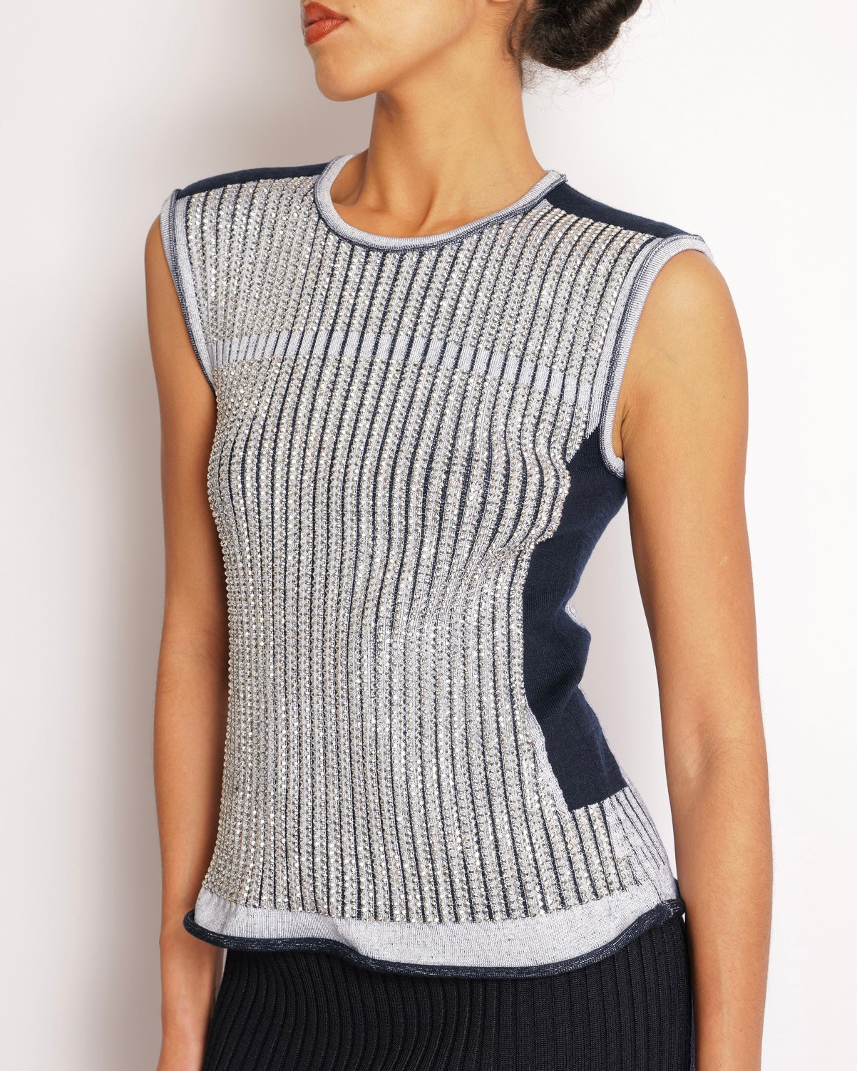 *RUNWAY* Louis Vuitton Fall 2015 Navy and White Knit Crystal Embellished Top and Skirt Set Size S/L (UK 8/12)