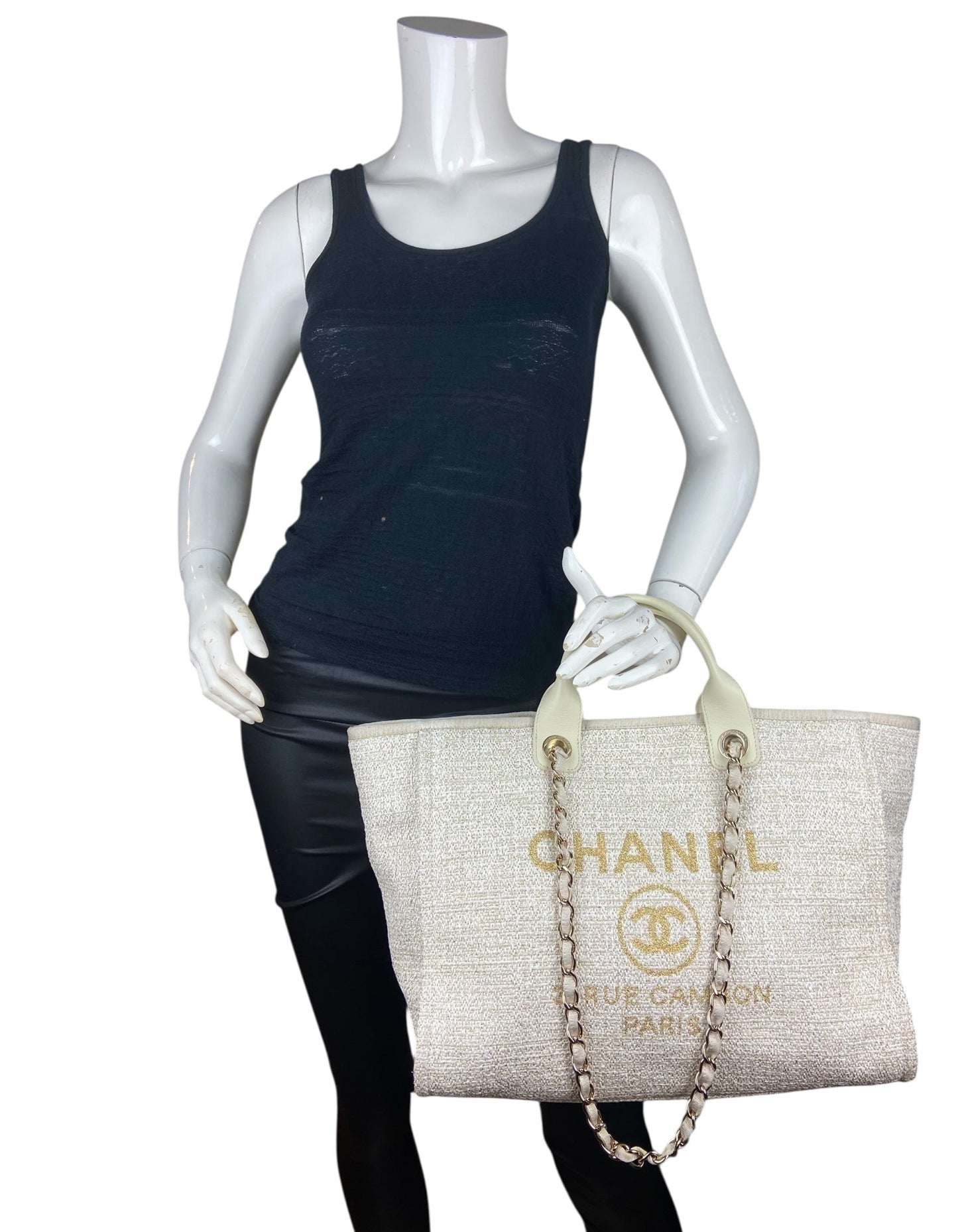 Chanel White/Gold Canvas Medium Deauville Tote