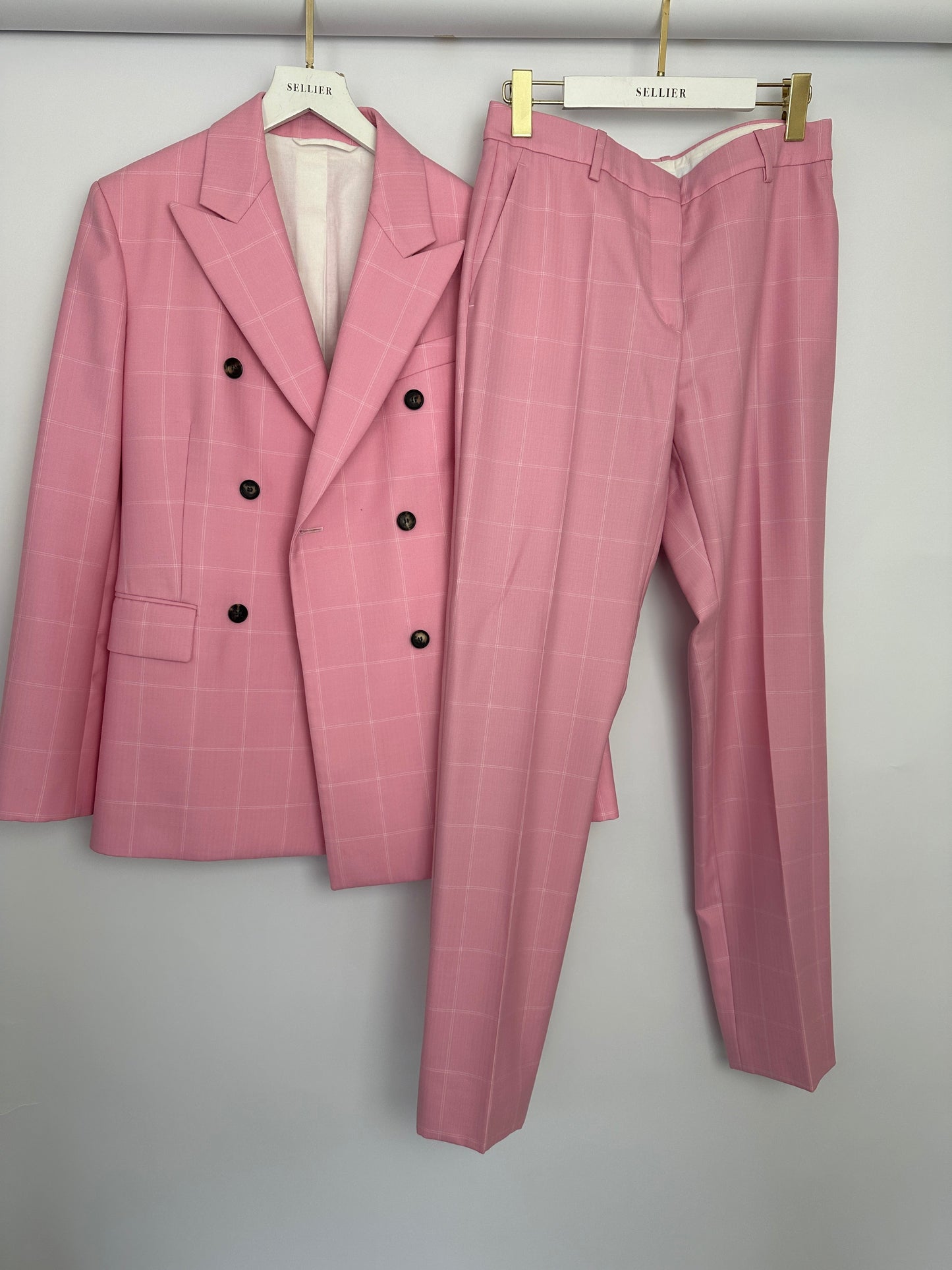 Calvin Klein Candy Pink Check Suit Jacket and Straight Let Tro rs Set Size FR 38 (UK 10)