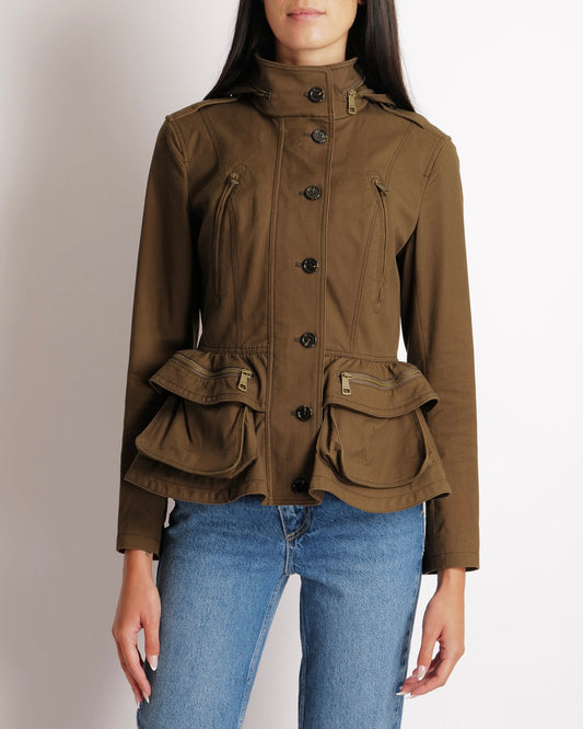 Burberry Khaki Hooded Jacket with Tiered Bottom Detail Size UK 8