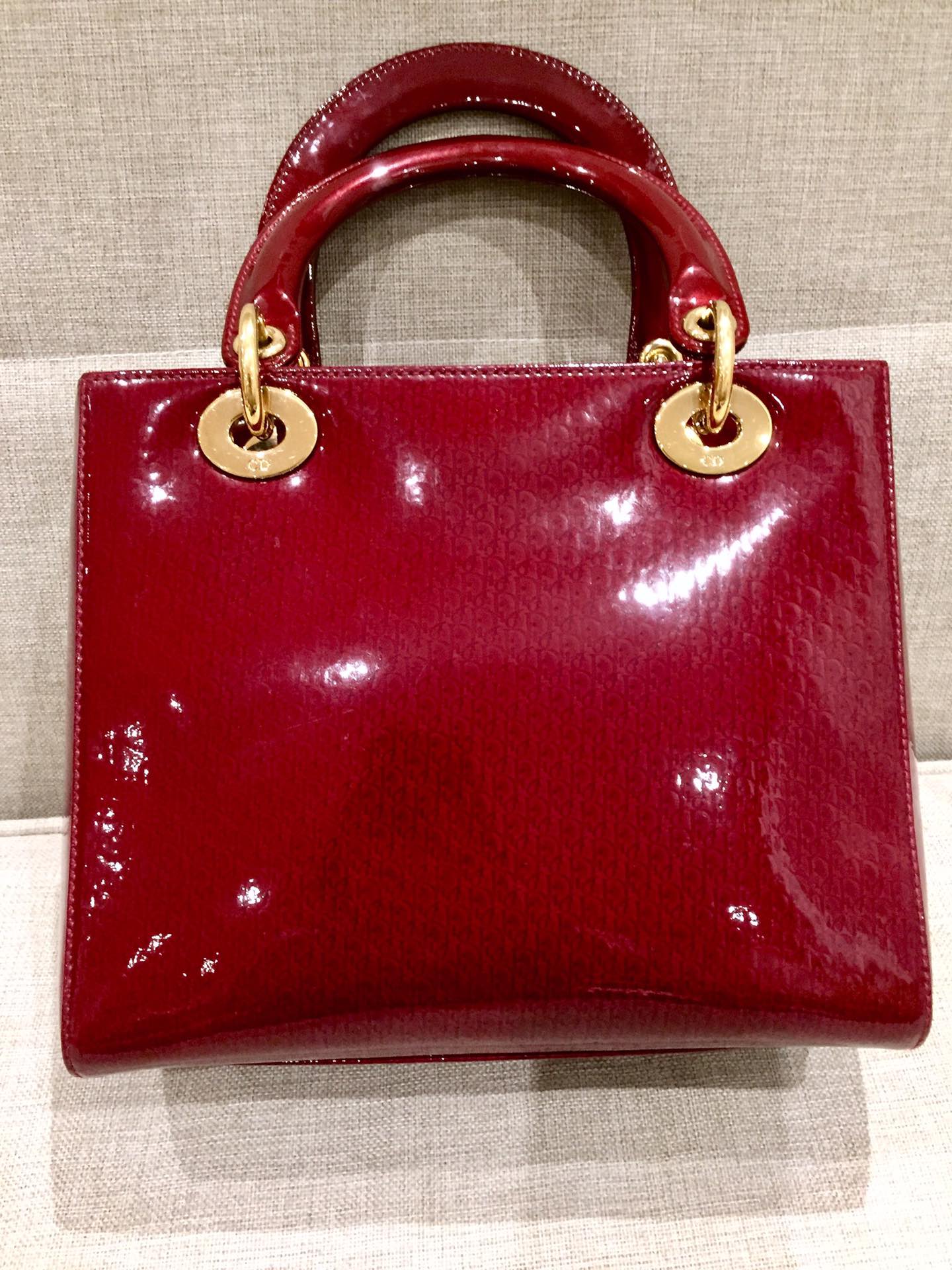 Lady Dior   Medium Red Patent Leather Monogram Embossed Handbag Gold Hardware