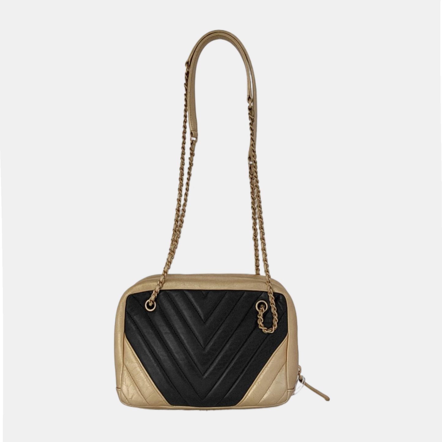 Chanel Camera Bag Chevron Stitching Black Gold Lambskin Leather Double Gold Chain, 2014