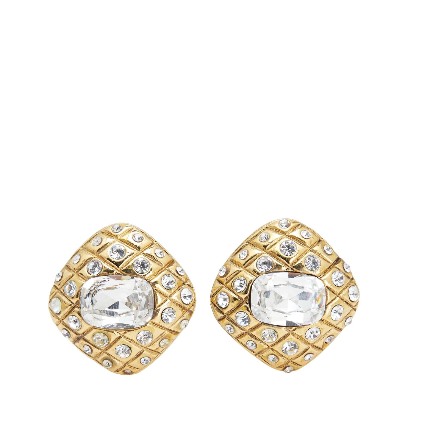 Gold Chanel Gold Plated Quilted Diamond Crystal Clip On Earrings