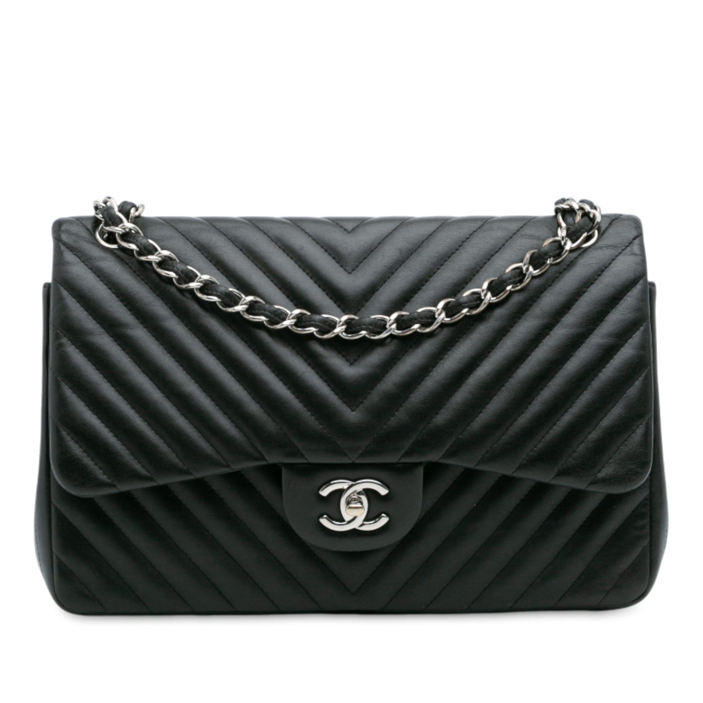 Black Chanel Jumbo Classic Chevron Lambskin Double Flap Shoulder Bag