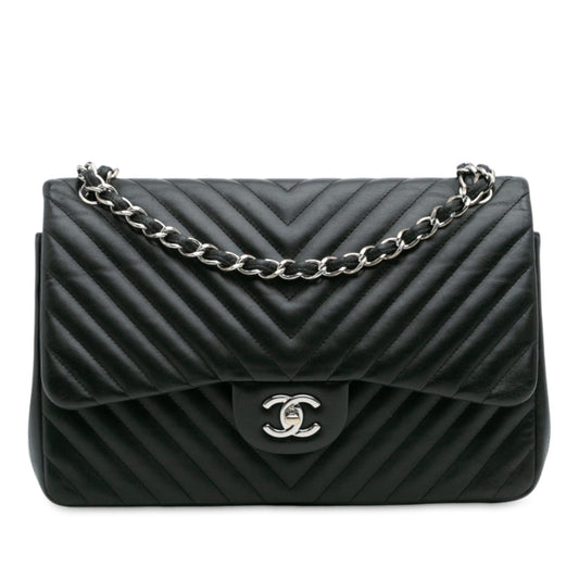 Black Chanel Jumbo Classic Chevron Lambskin Double Flap Shoulder Bag