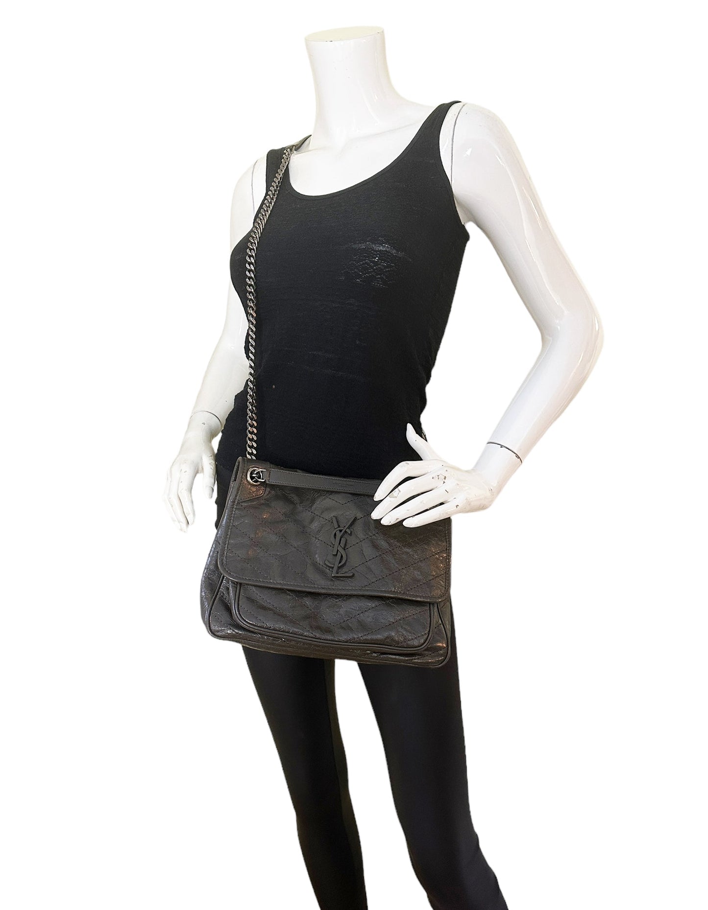 Saint Laurent Fog Grey Crinkled Calfskin Matelasse Monogram Medium Niki Chain Satchel