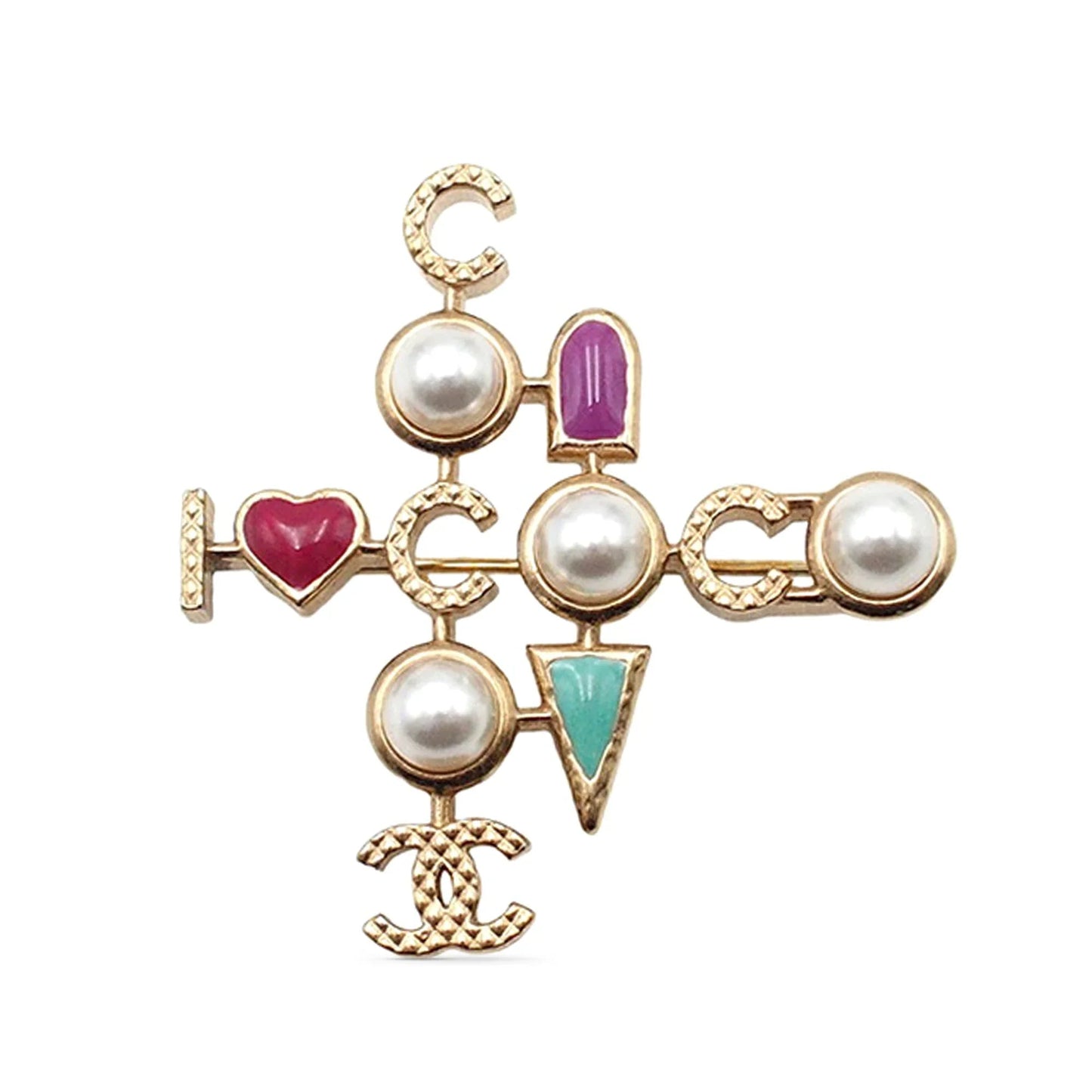 Gold Chanel CC Gold Plated Faux Pearl I Heart Coco Brooch