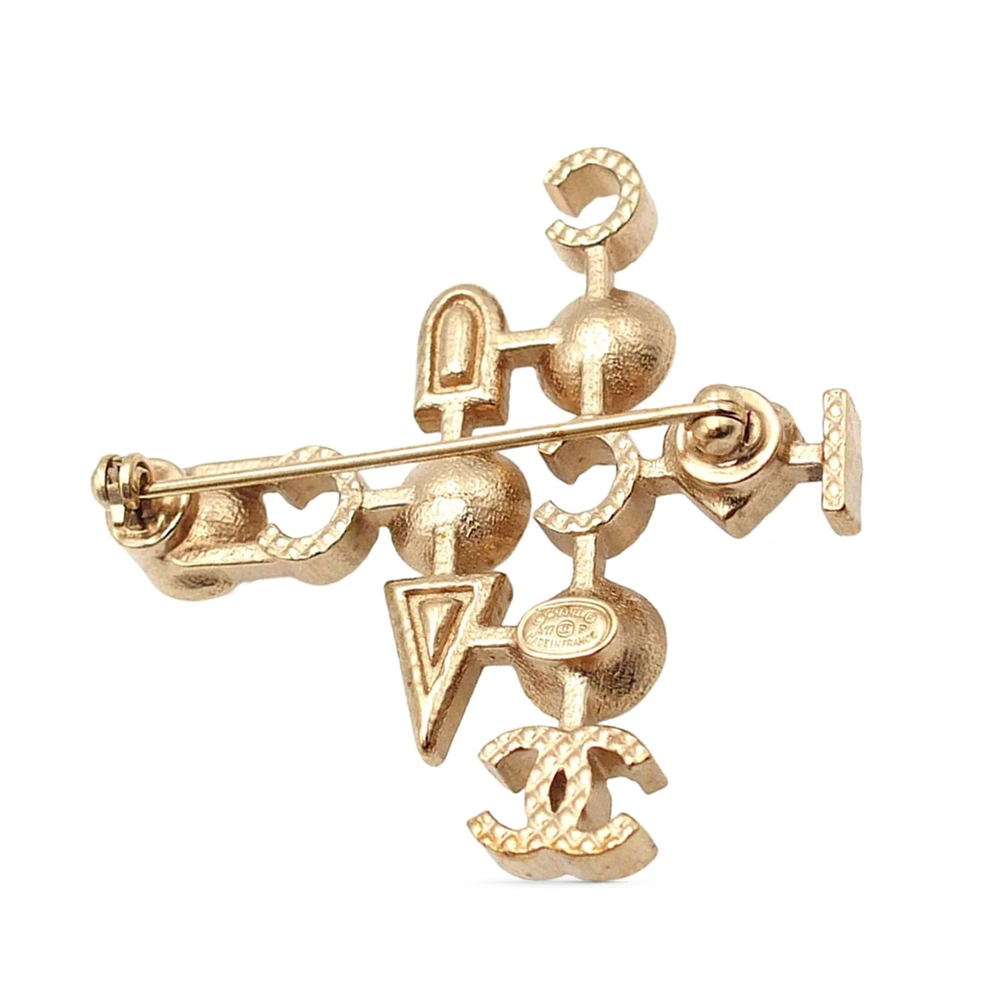Gold Chanel CC Gold Plated Faux Pearl I Heart Coco Brooch