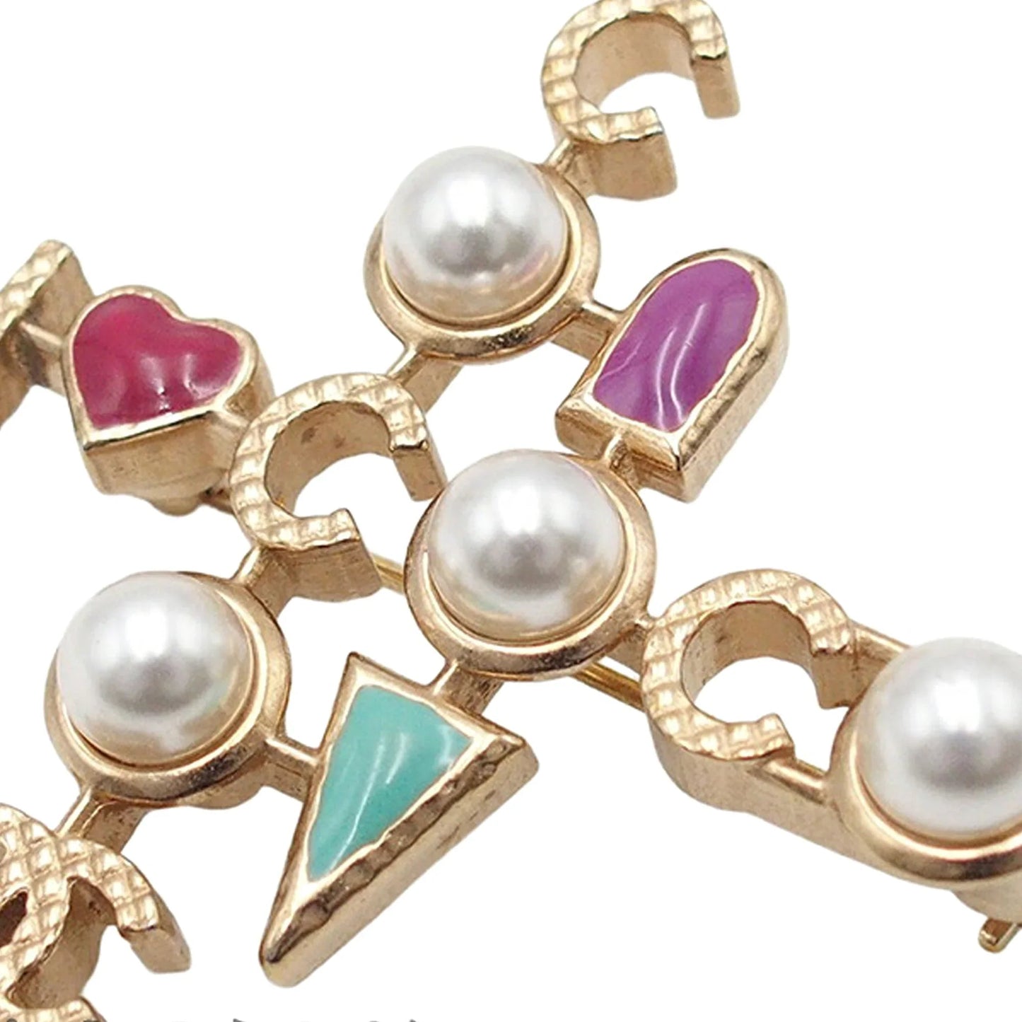 Gold Chanel CC Gold Plated Faux Pearl I Heart Coco Brooch