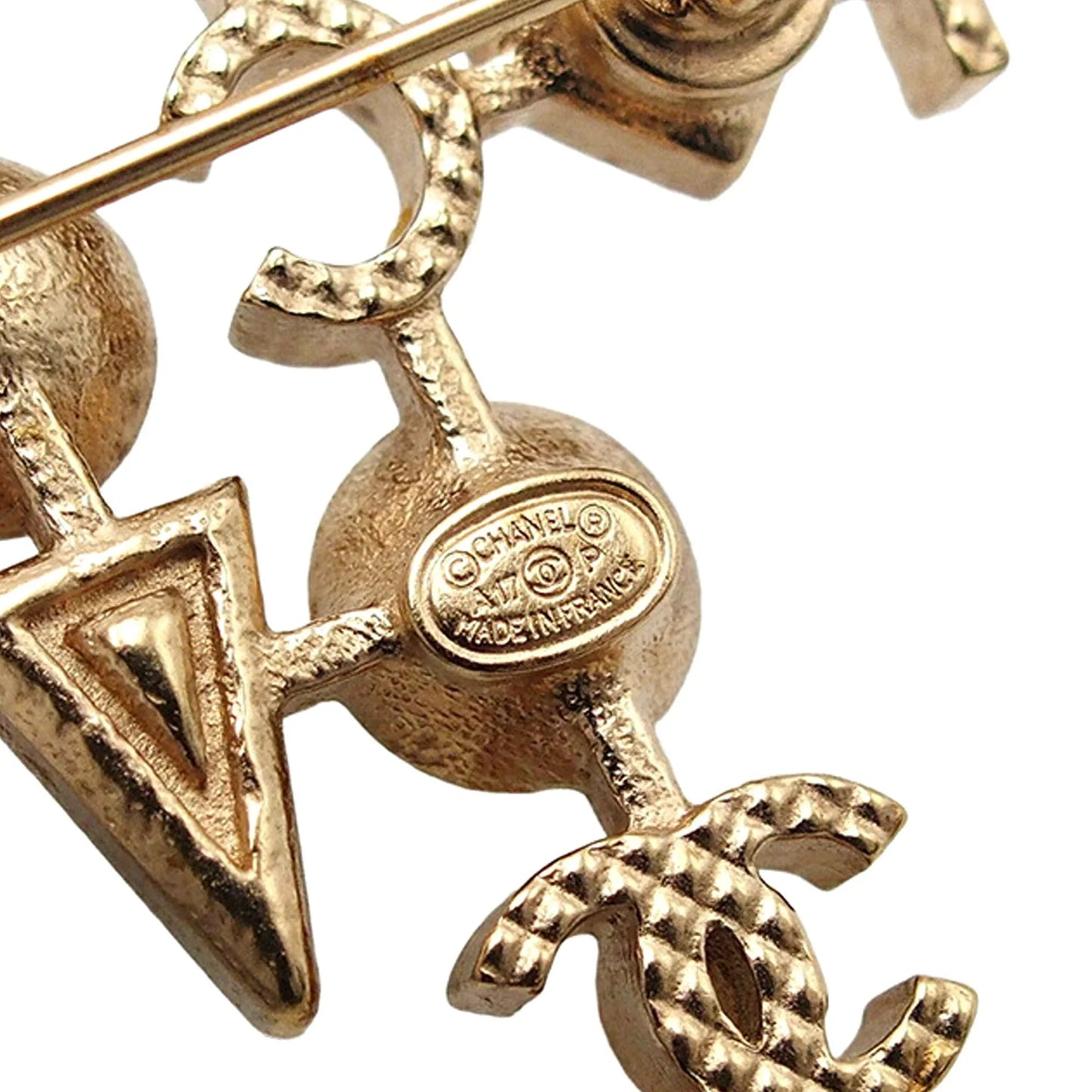 Gold Chanel CC Gold Plated Faux Pearl I Heart Coco Brooch