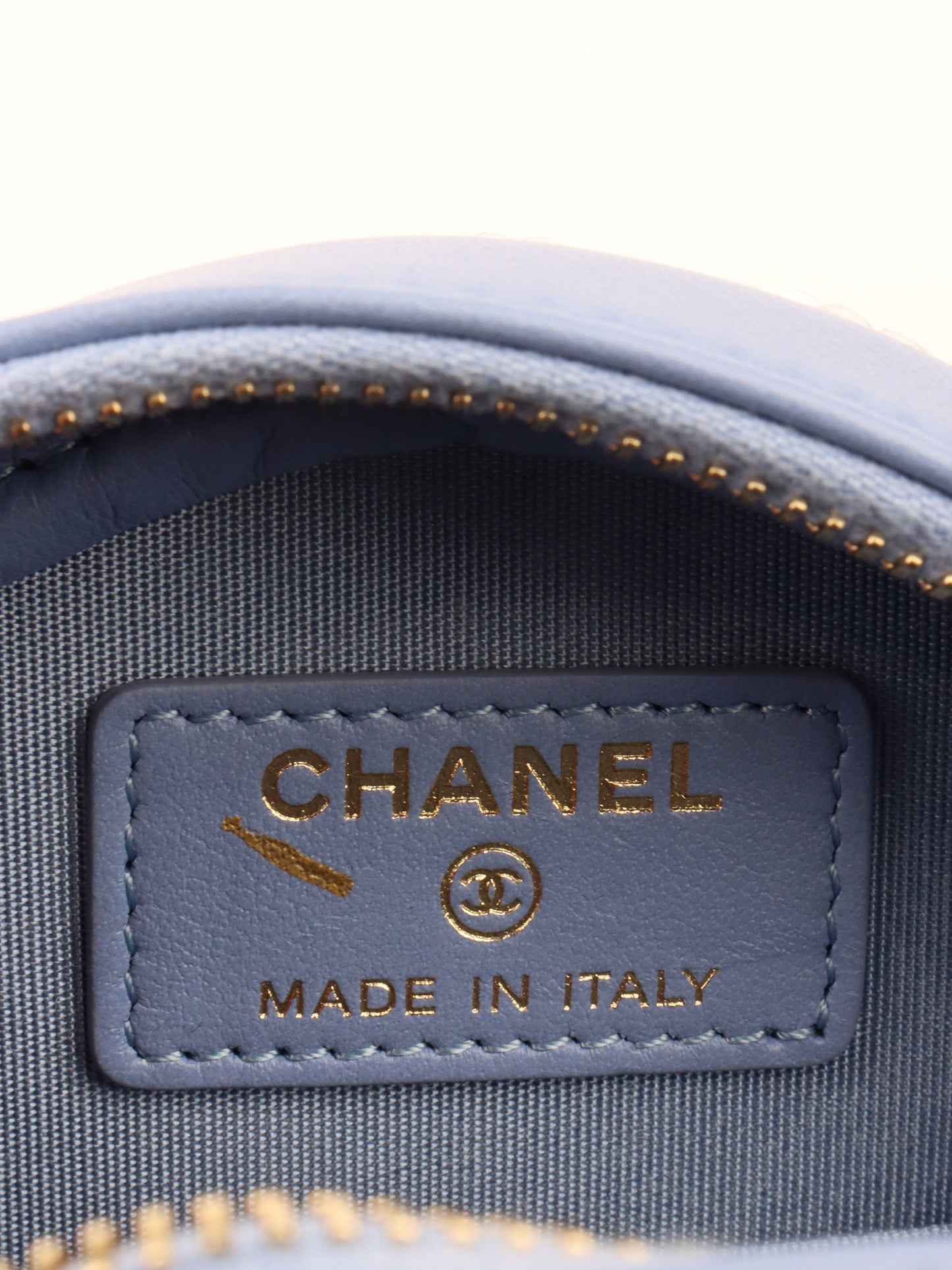 Chanel 19 Round Blue Sequinned Clutch with Chain.
