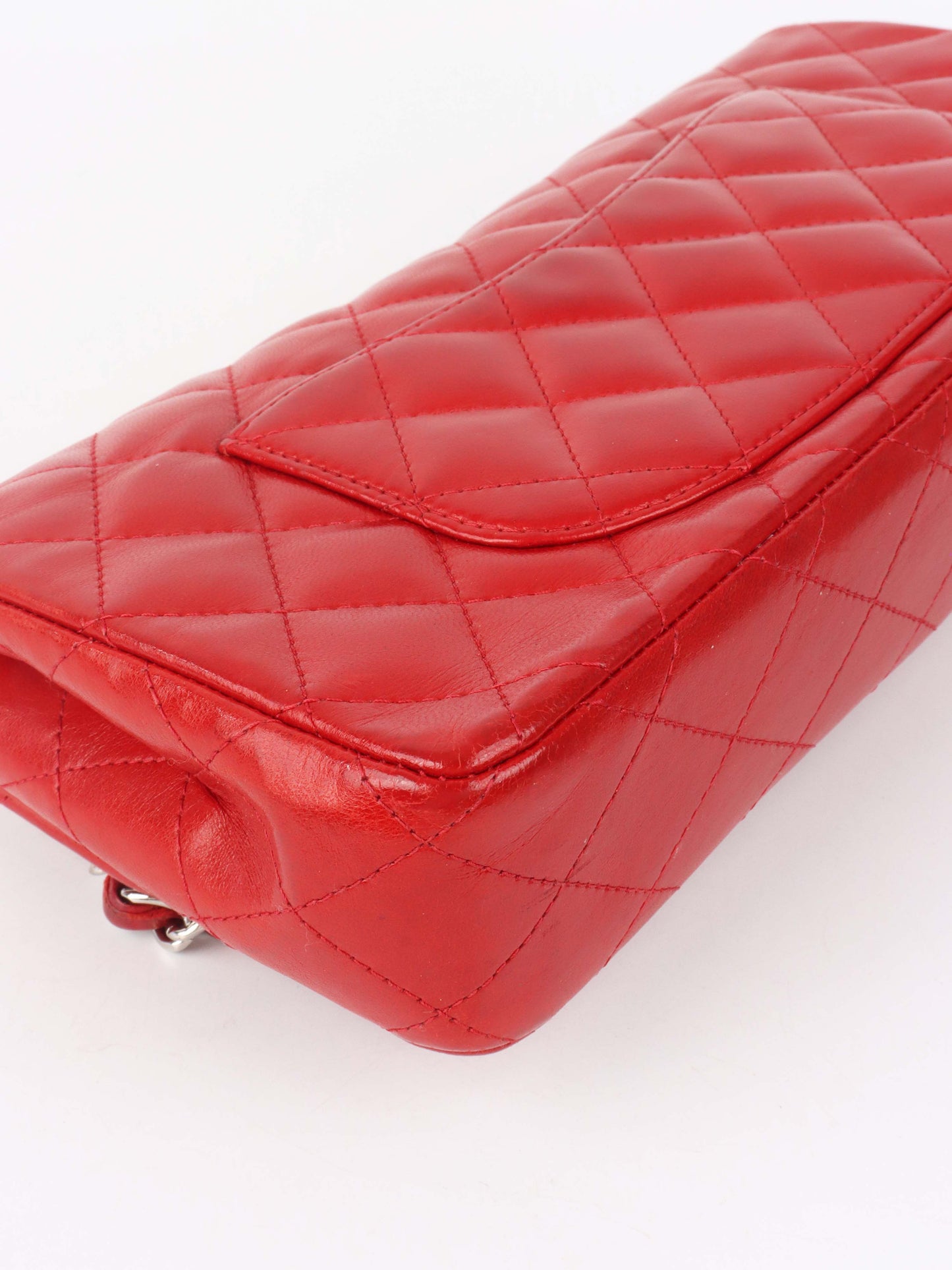 Chanel Red Lambskin East West Classic Flap Bag.