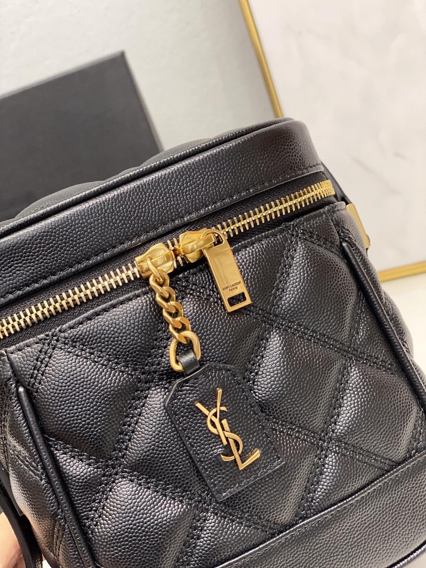 YSSL 80’s Vanity Bag In Carré-Quilted Grain De Poudre Black For Women 6in/16.5cm YSL 649779DME271000