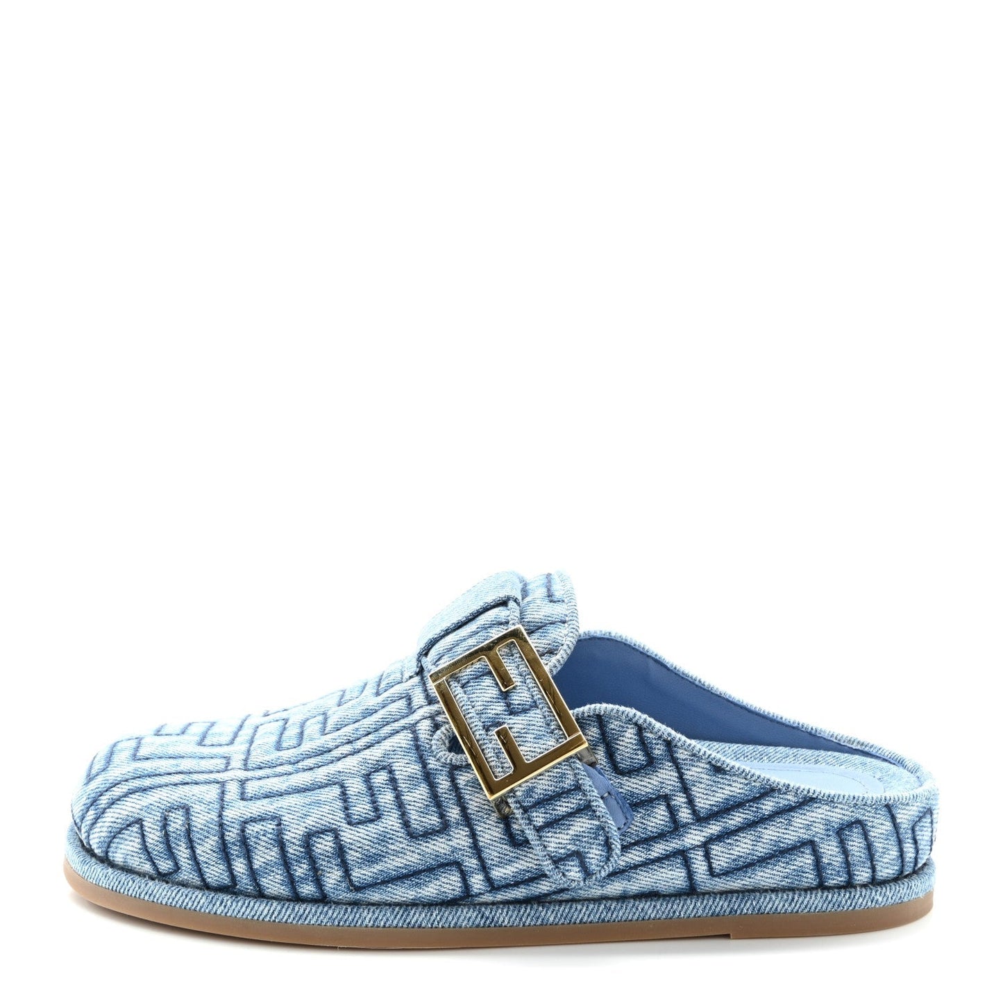 Fendi Denim Jacquard FF Womens Feel Buckled Mules 35 Blue