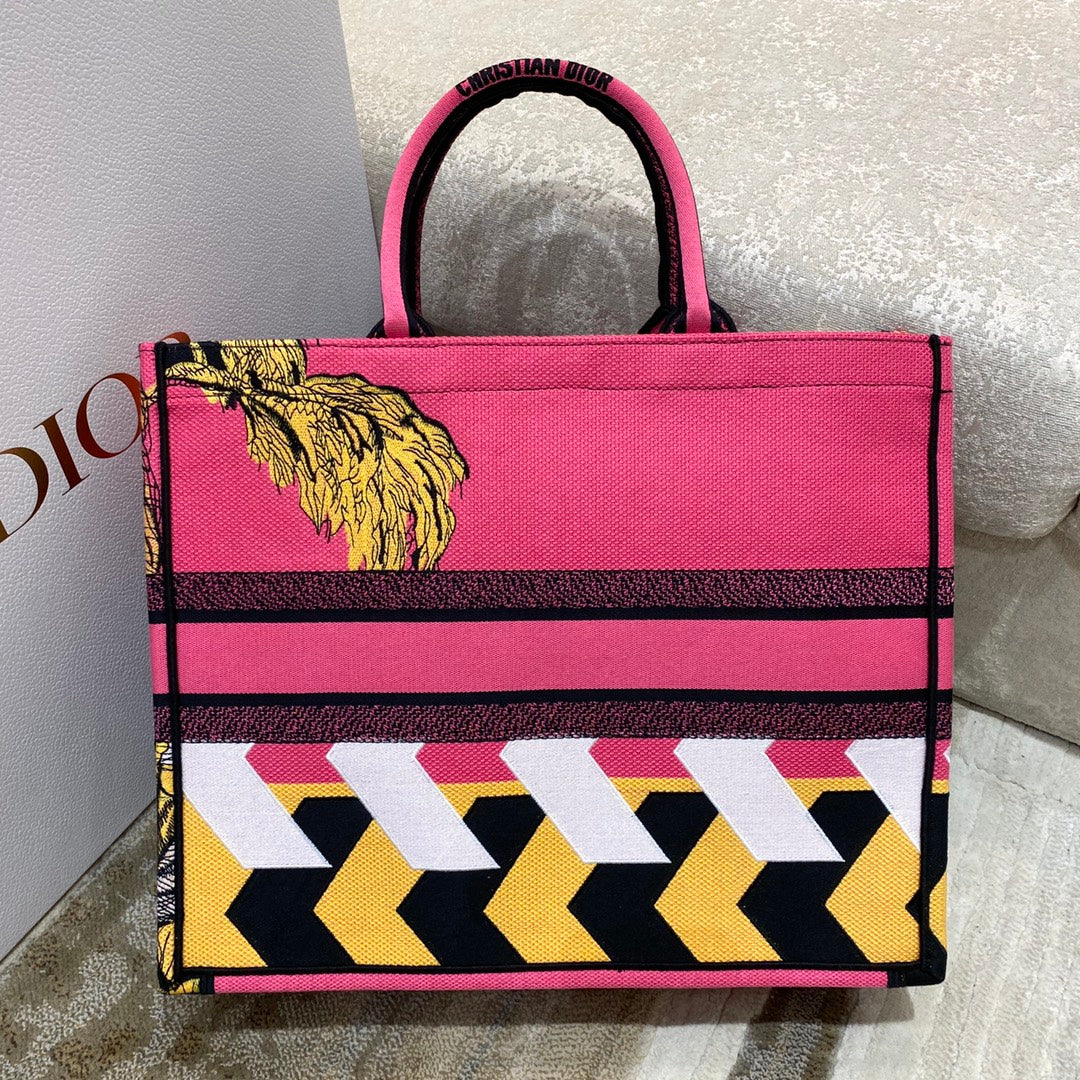 Top Quality Large Book Tote Multicolor Toile de Jouy Zoom Pop Embroidery, Fuchsia Pink, For Women Womens Handbags, 41cm CD M1286ZROH_M929
