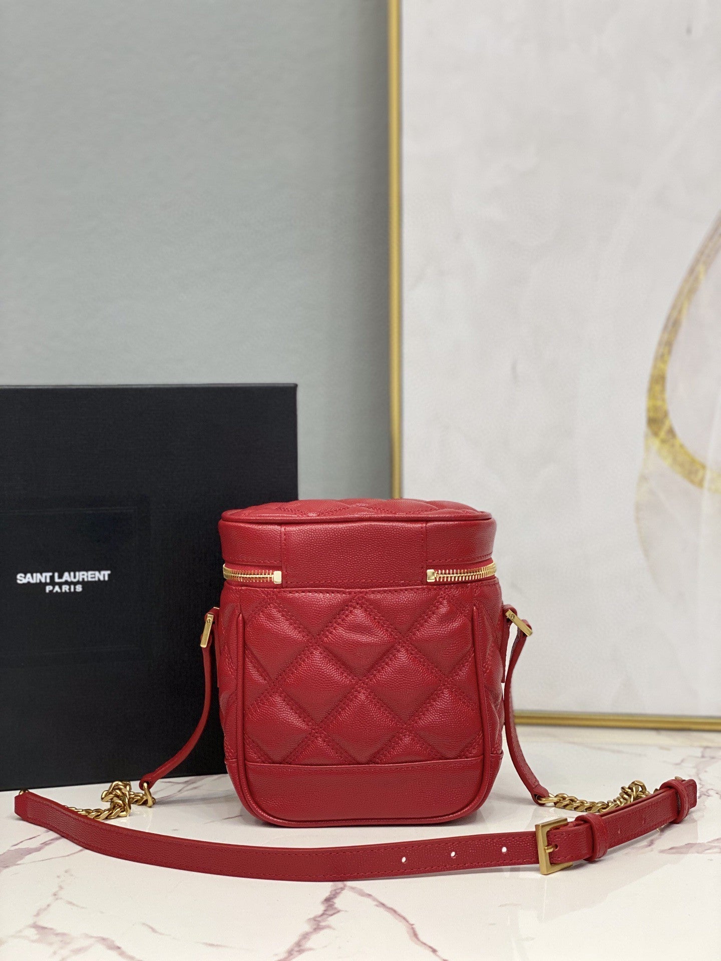 YSSL 80’s Vanity Bag In Carré-Quilted Grain De Poudre Red For Women 6in/16.5cm YSL 649779DME276805