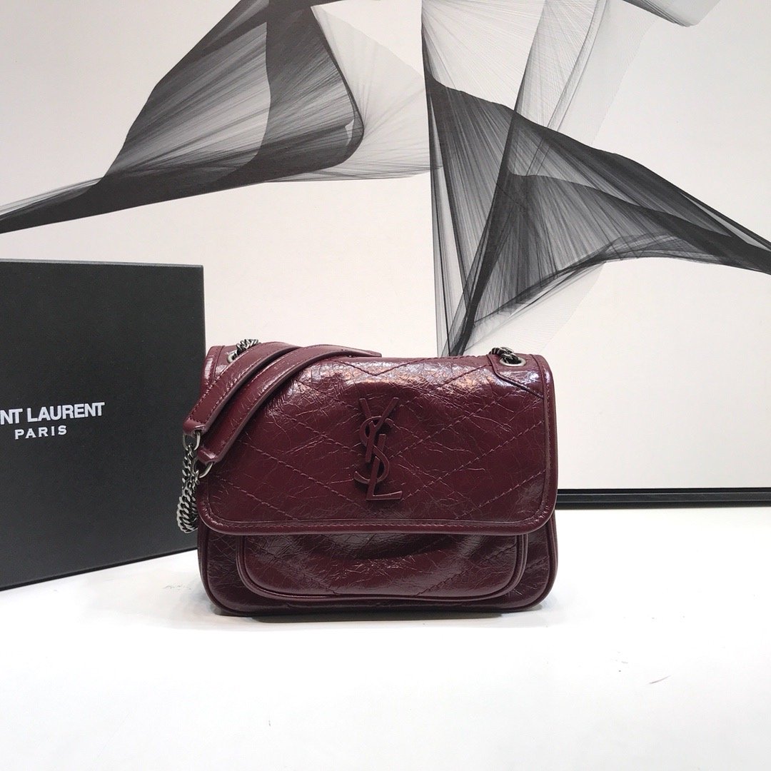 YSSL Niki Baby Chain Bag In Crinkled   Burgundy For Women 8in/21cm YSL 6331600EN046475