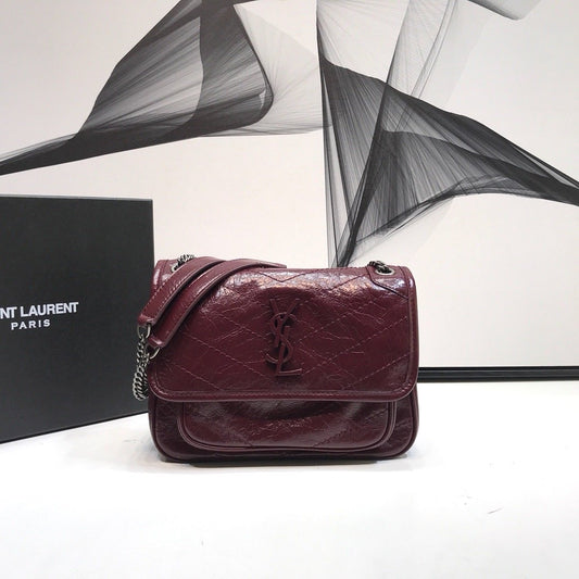 YSSL Niki Baby Chain Bag In Crinkled   Burgundy For Women 8in/21cm YSL 6331600EN046475
