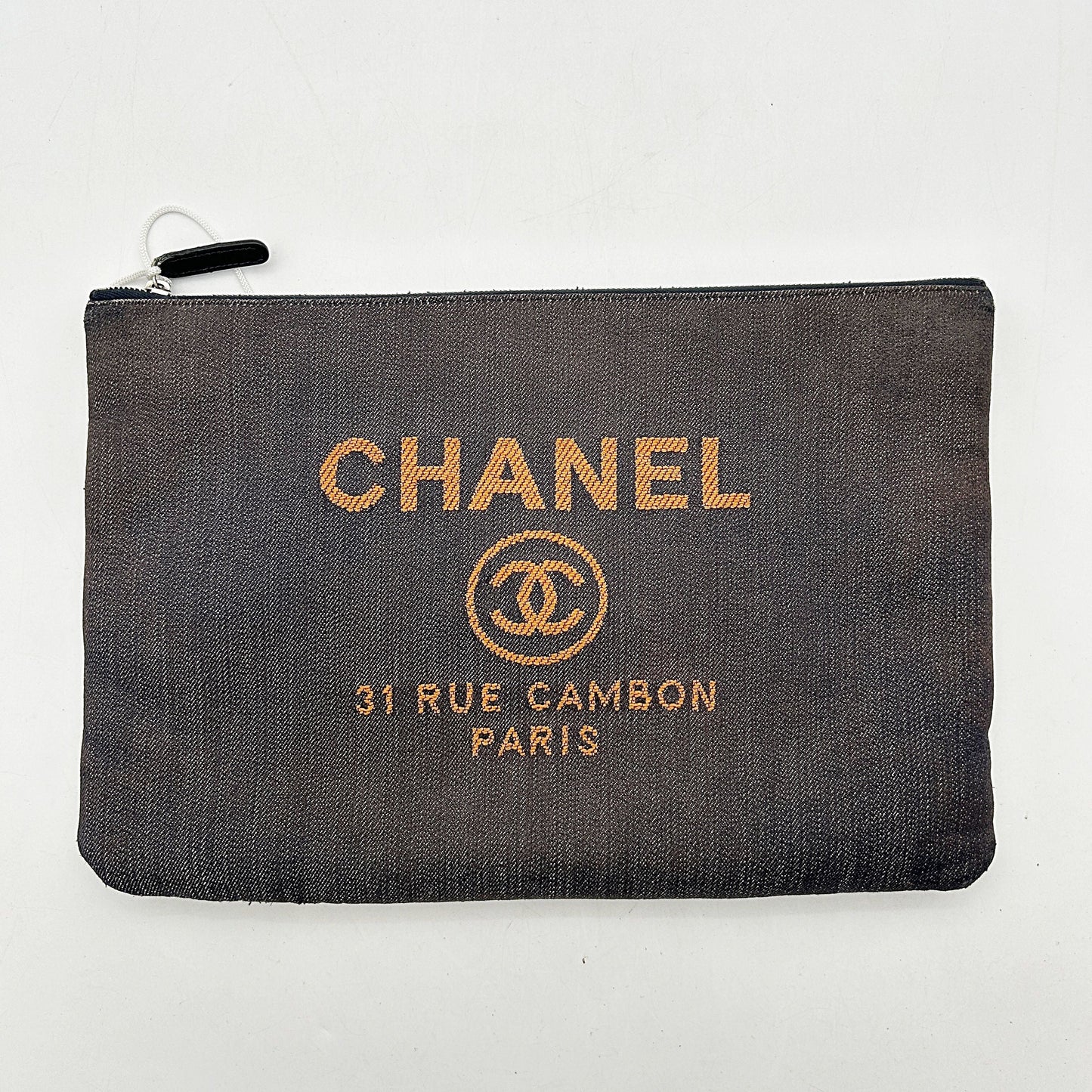 CHANEL Denim Medium Deauville Pouch Clutch Blue Orange LA17840