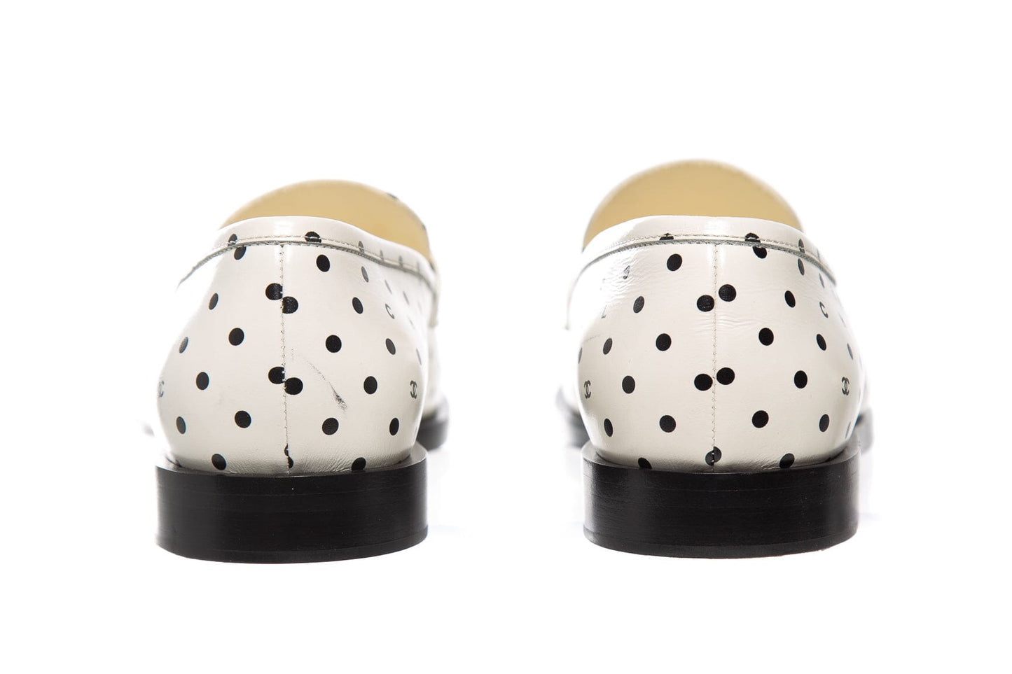 Chanel White And Black Polka Dot and Interlocking CC Logo Loafers SZ 39