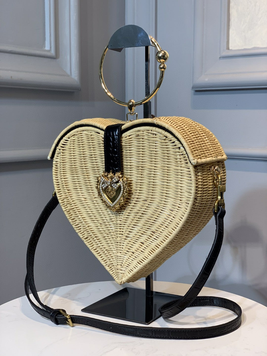 Top Quality Devotion Crystal Heart Wicker Top Handle Bag Beige For Women 10in/26cm Top Quality