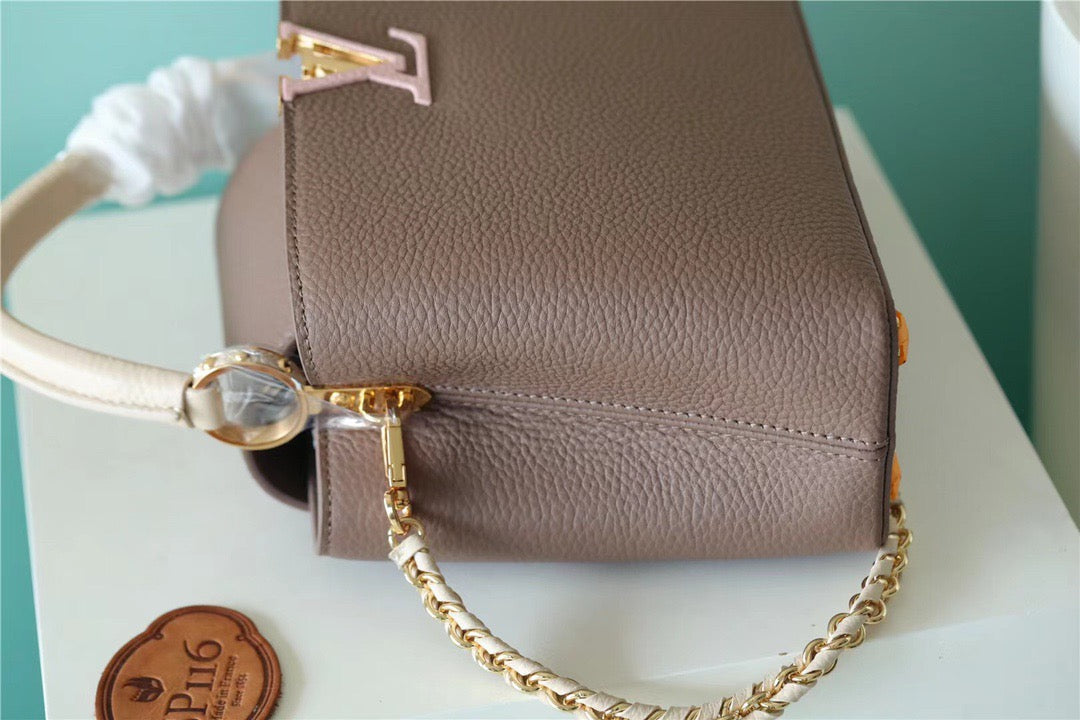 Top Quality Capucines BB Taurillon Smokey Brown Green/ Creme/ Pink For Women, Womens Bags, Shoulder And Crossbody Bags 10.6in/27cm Top Quality