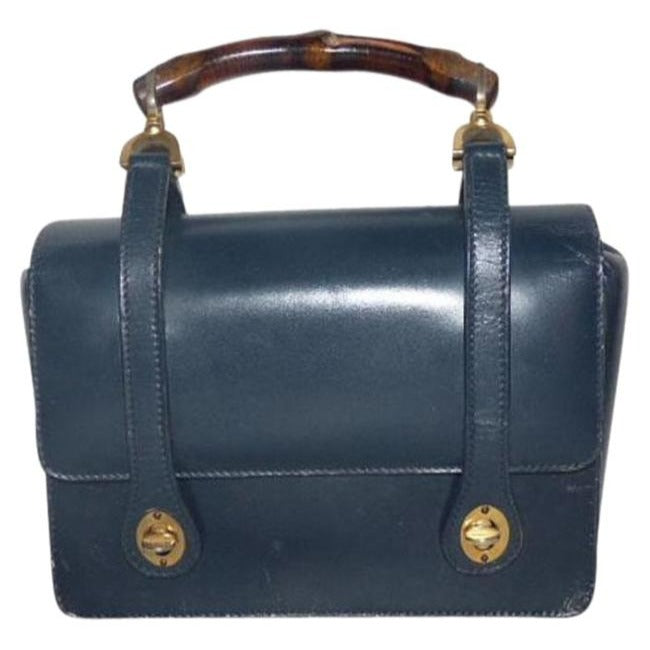 Gucci   Navy Blue Leather And Bamboo Handle Satchel