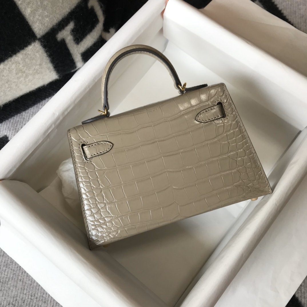 Top Quality Mini Kelly 19 Embossed Patent Light Grey Bag With Gold-Toned Harware For Women, Handbags, Shoulder Bags 7.5in/19cm