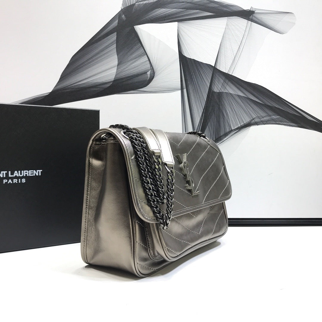 YSSL Niki Medium Chain Bag In Crinkled  Silver For Women 11in/28cm YSL 