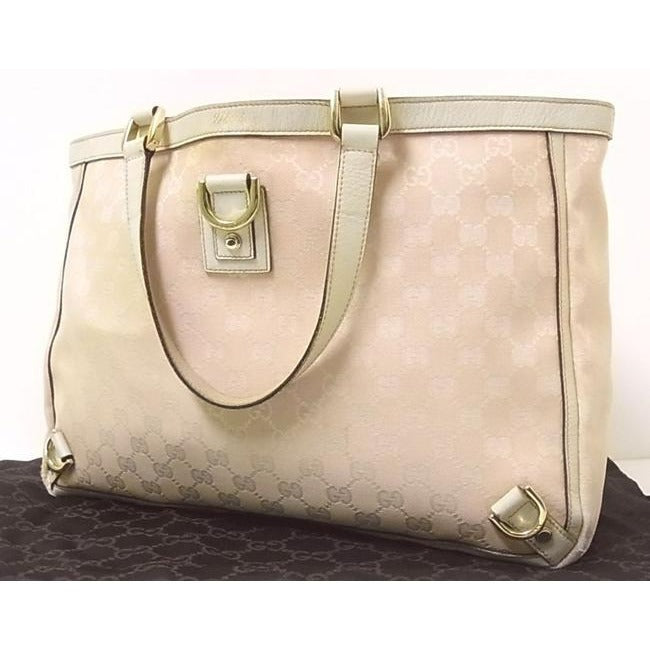 Gucci Abbey   Pink Large G Logo Print Canvas And White Leather Tote