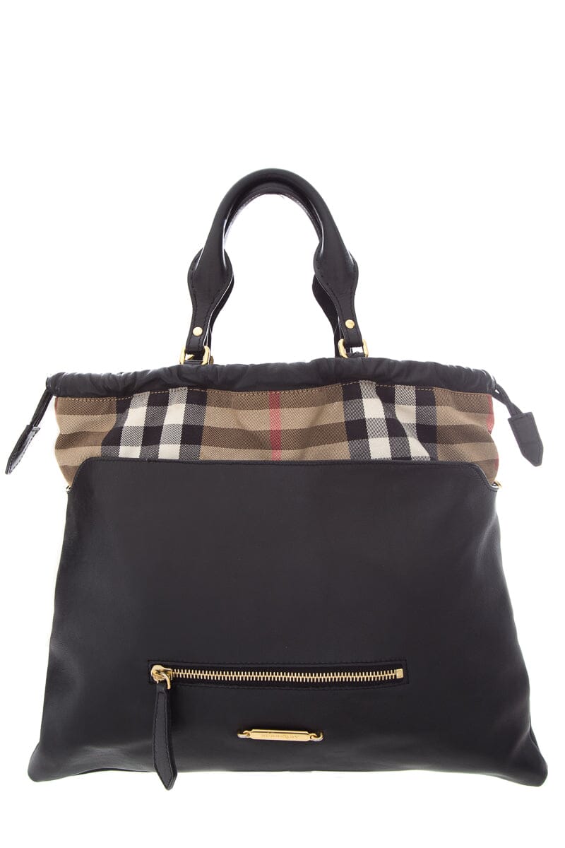 Burberry Ho  Check Big Crush Black Leather Tote Bag