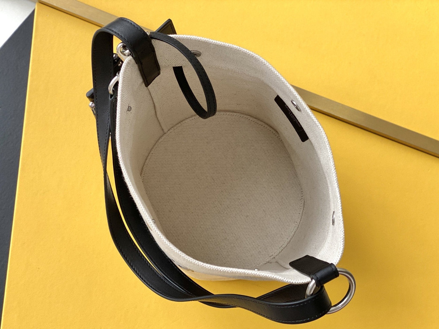 YSSL Rive Gauche Bucket Bag In Linen With Black Strap For Women 11in/30cm YSL 669299FAAAZ9024