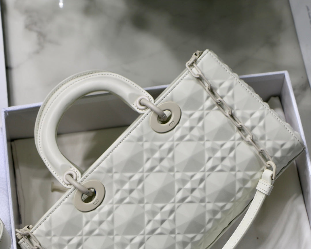 Top Quality Lady D-Joy Bag White Macrocannage Technical Fabric, White Handbags, 26cm CD M0540OTID_M933