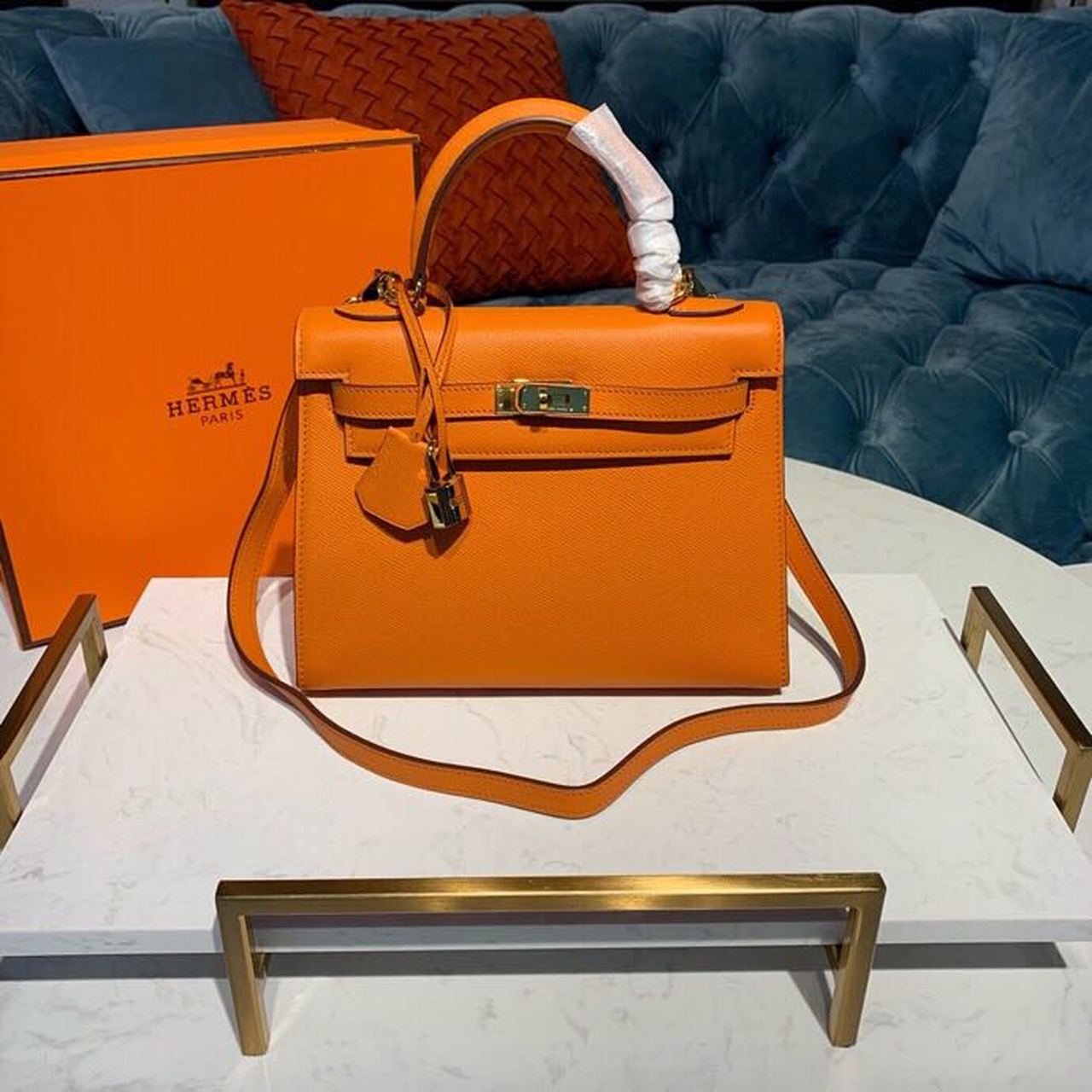 Top Quality Kelly Orange For Women Gold Toned Hardware 10in/25cm