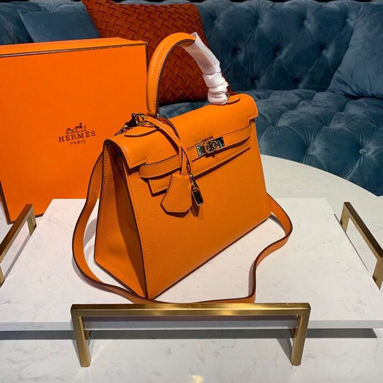 Top Quality Kelly Orange For Women Gold Toned Hardware 10in/25cm