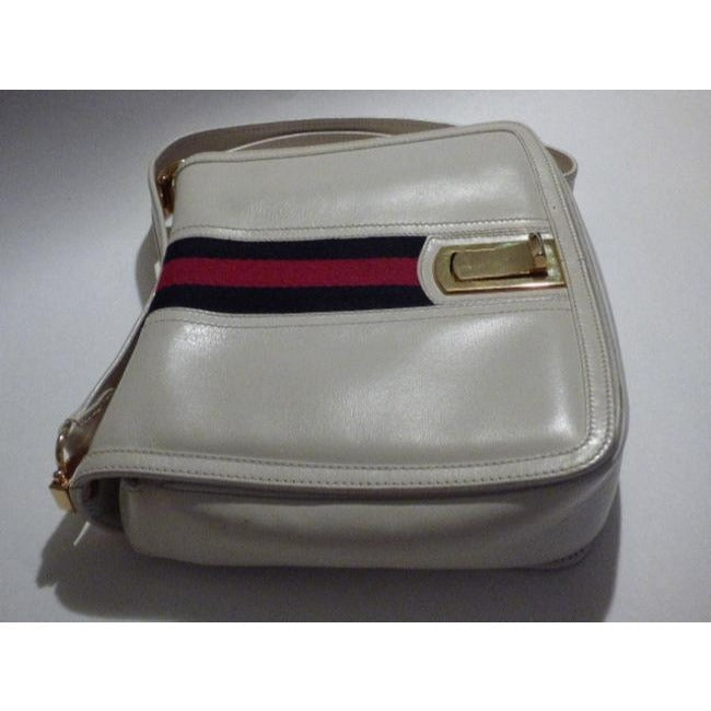 Gucci   White Leather With Wide Red Blue Striped Center Hobo Bag