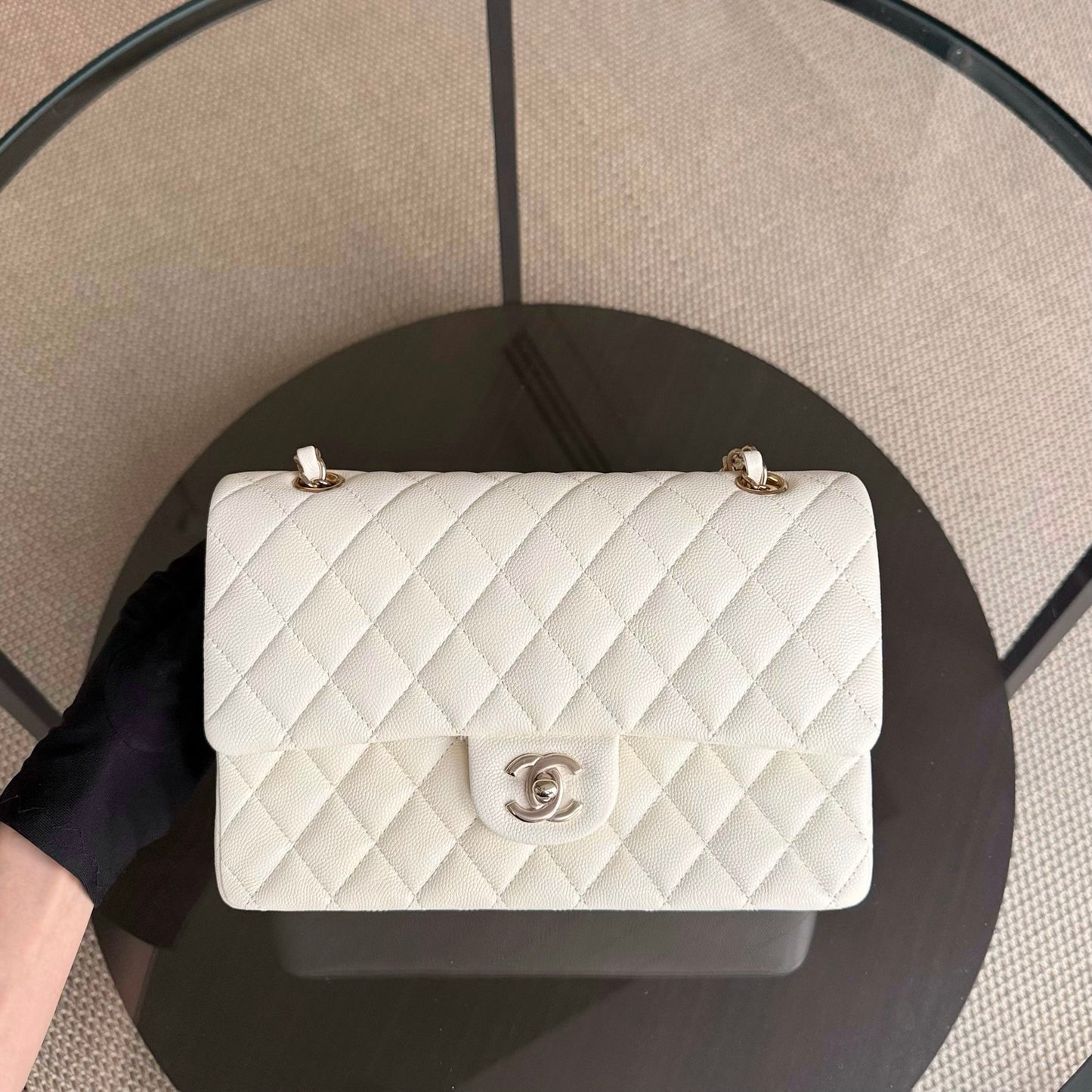Chanel Classic Flap Medium - Caviar 25CM Quilted Grained Calfskin White Gold Hardware Series 26