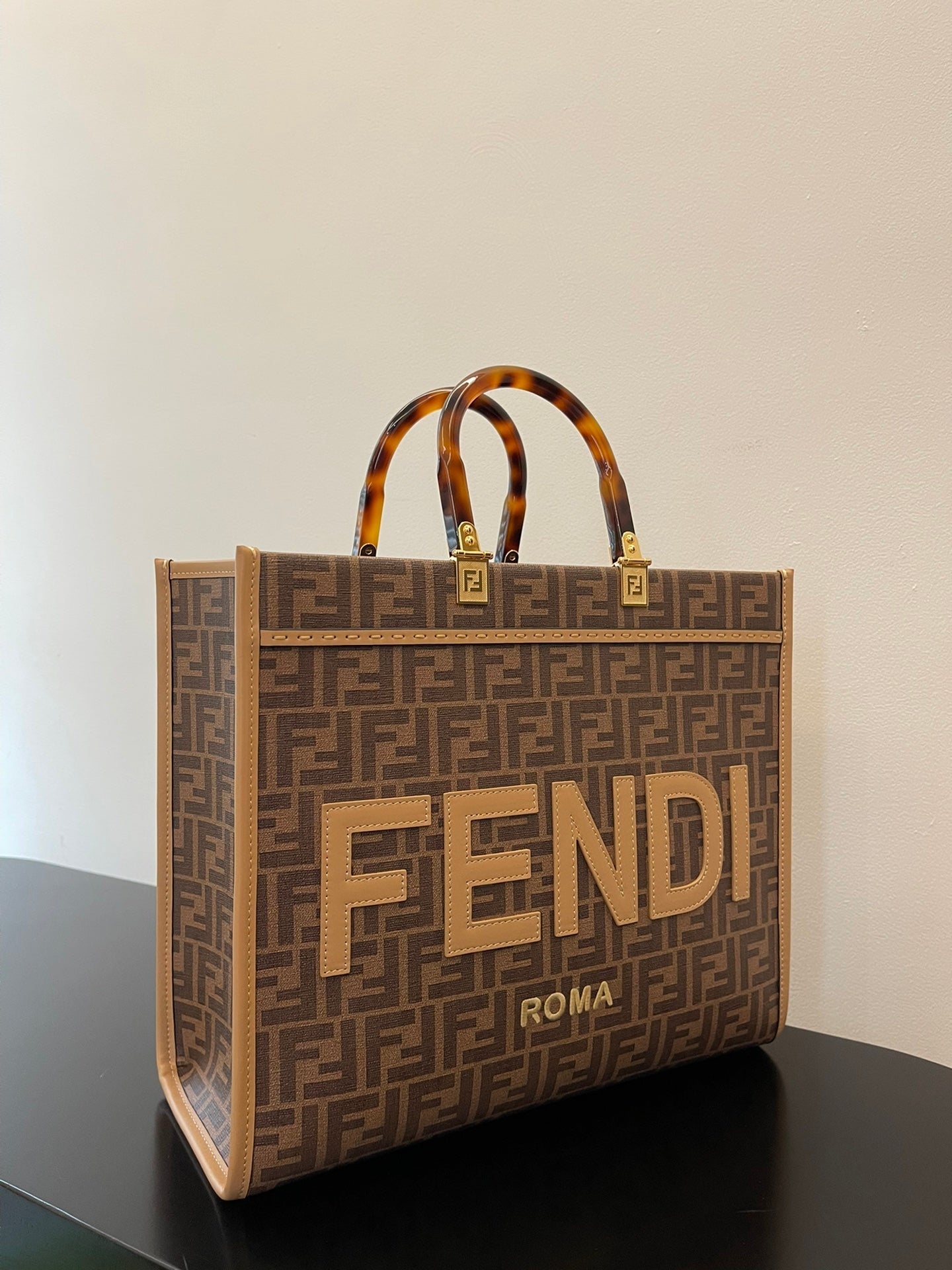 Top QualityTop Quality Sunshine Medium Brown FF jacquard fabric shopper Bag For Woman 31cm/12in