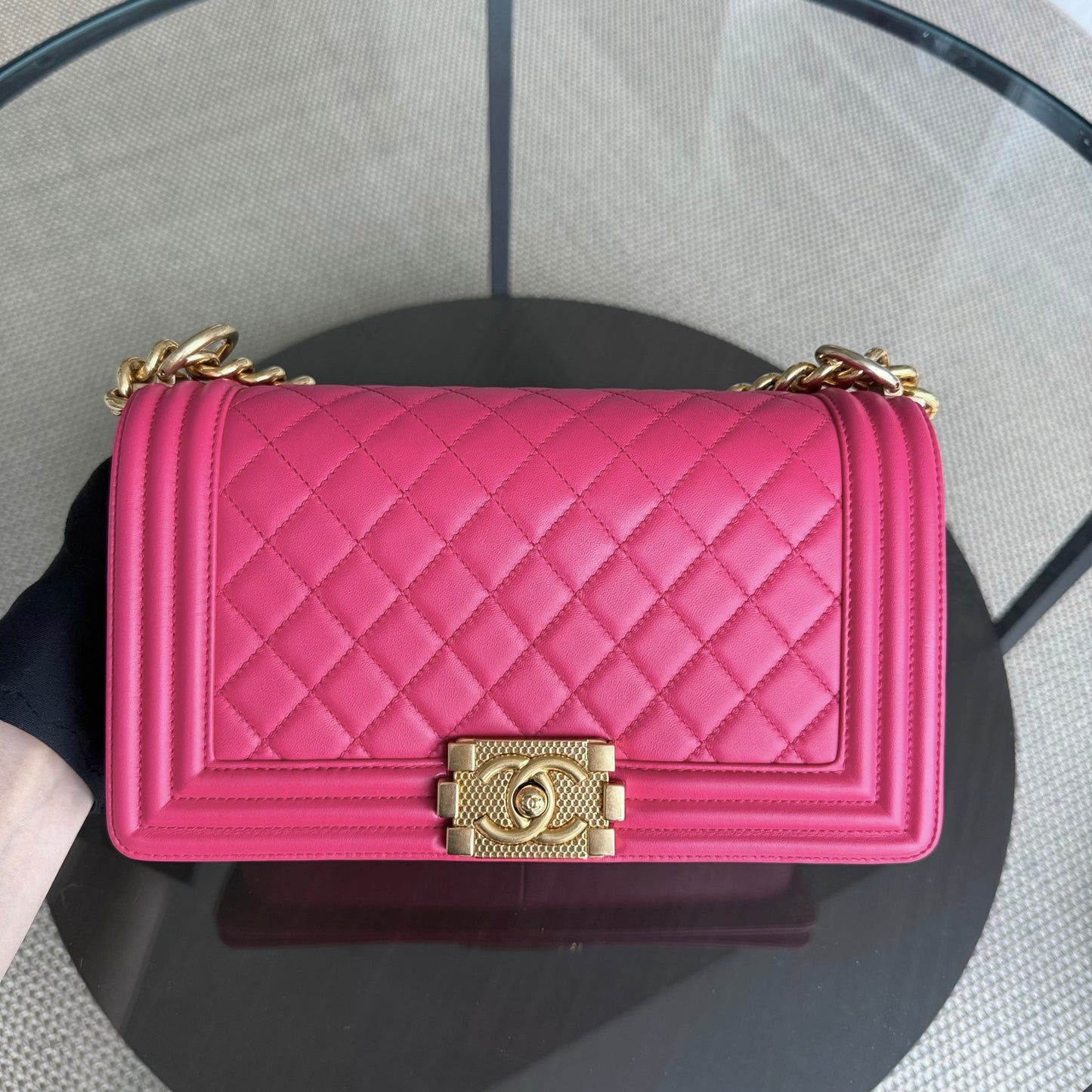 Chanel Boy Medium - 25CM Quilted Lambskin Hot Pink Gold Hardware Series 23