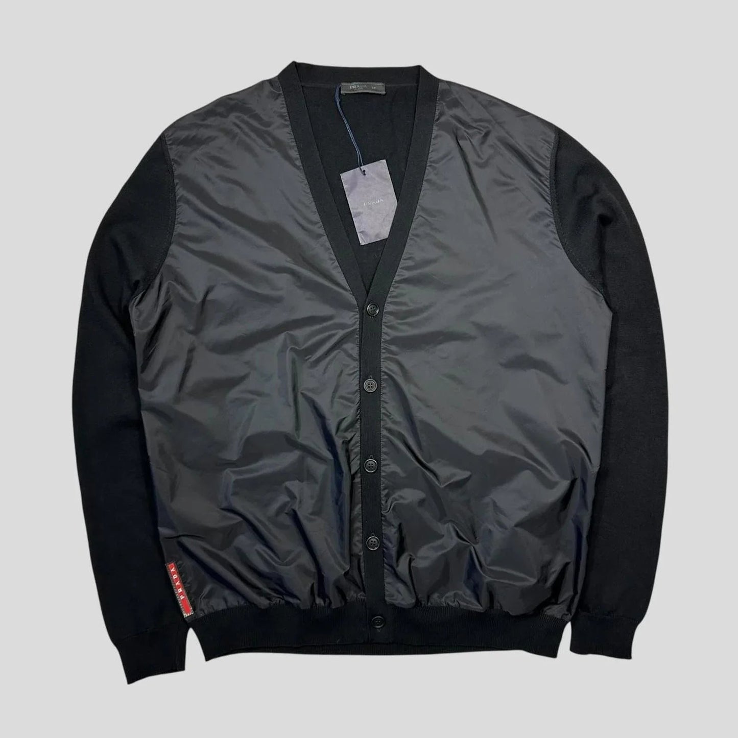 Prada Milano 2014 Red Tab Black Nylon Panelled Cardigan - IT56 (L/XL)