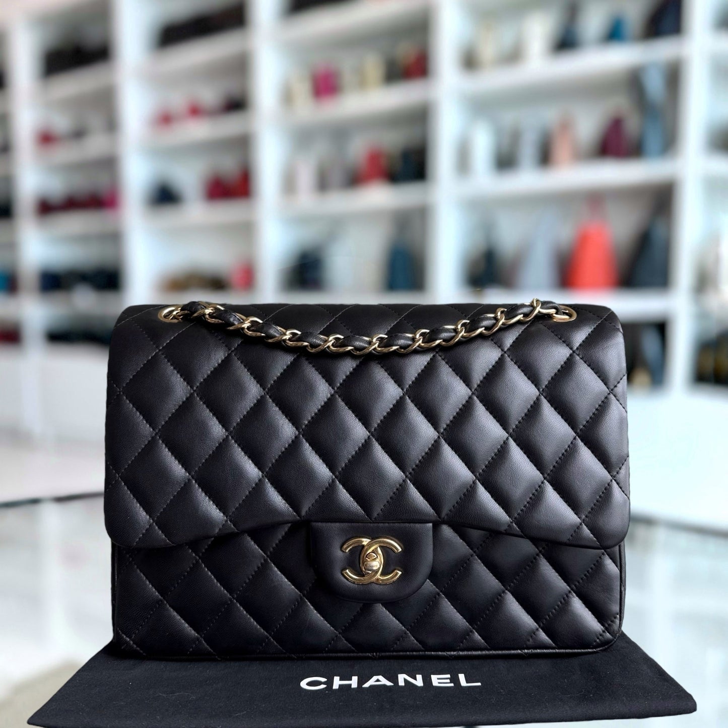 Chanel Classic Flap Jumbo - 30CM Quilted Lambskin Double Flap Black Gold Hardware