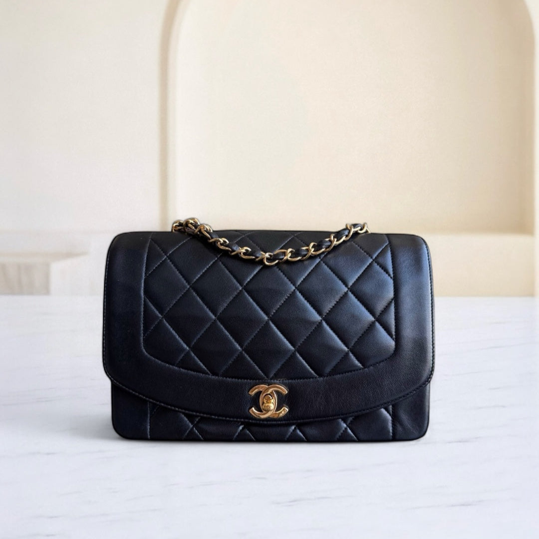 Chanel Diana   - 25CM Quilted Lambskin Black Gold Hardware Series 3